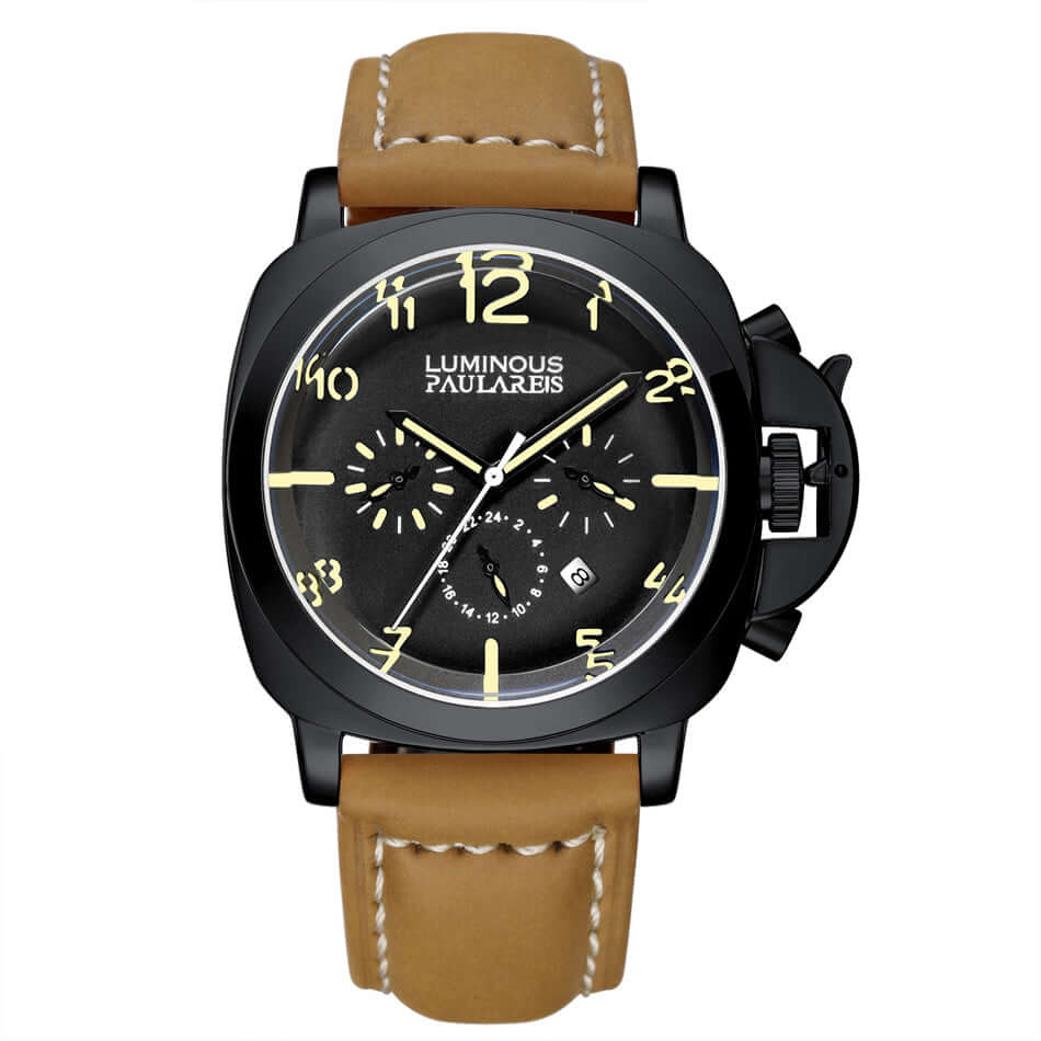 PAULA REISPaula Reis Watches Luminous Military Automatic 2™ with black dial and beige leather strap.