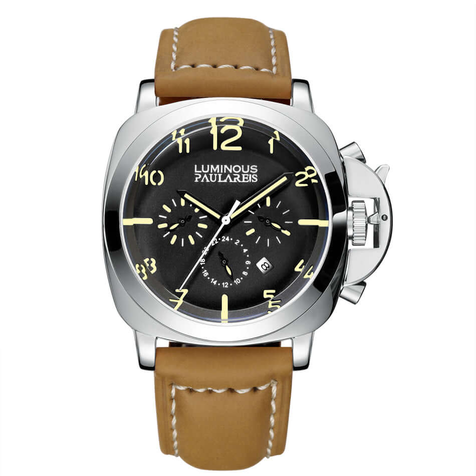 PAULA REISPaula Reis Watches Luminous Military Automatic 2™ with black dial and beige leather strap.