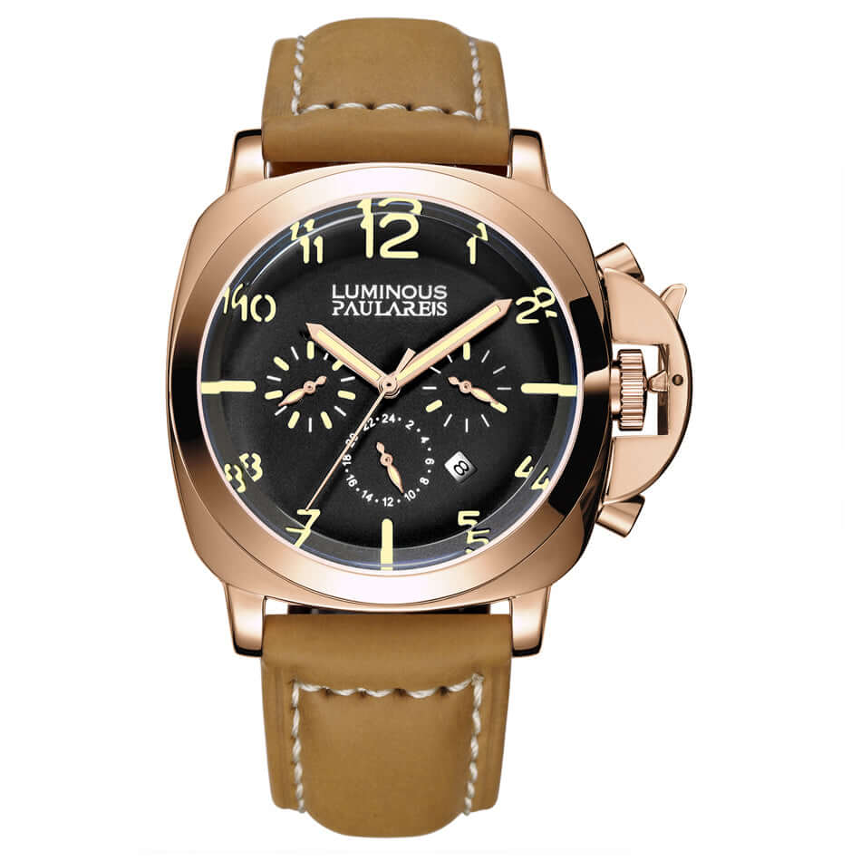 PAULA REISPaula Reis Watches Luminous Military Automatic 2™ with black dial and beige leather strap.
