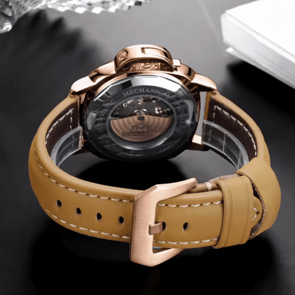 PAULA REISPaula Reis Watches Luminous Military Automatic 2™ with black dial and beige leather strap.